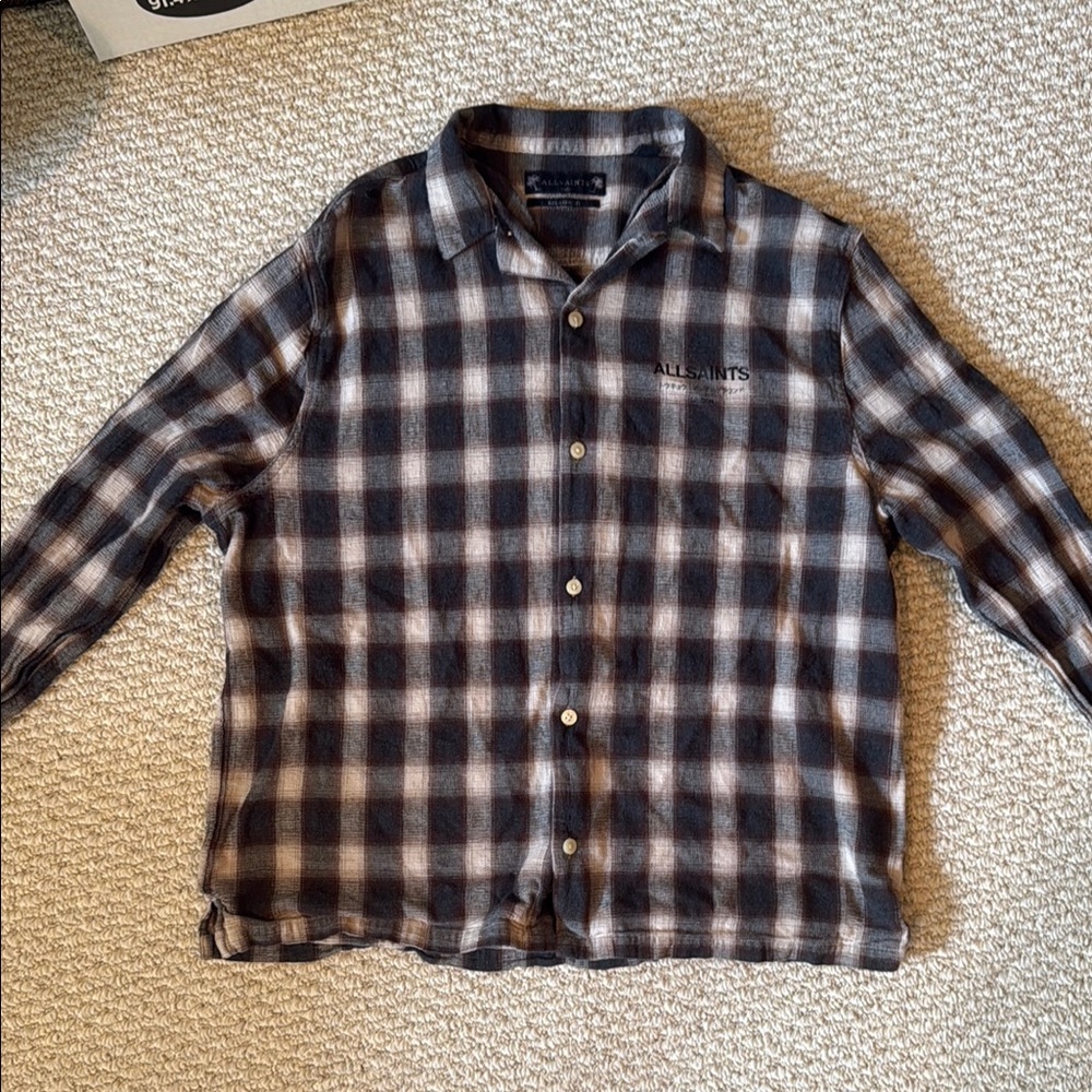 All Saints Black and Brown Plaid Casual Button Down Shirt